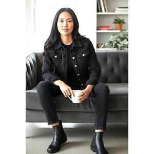 Christine Alexander Black Denim Jacket Swarovski Crystal Rhinestone Bling M